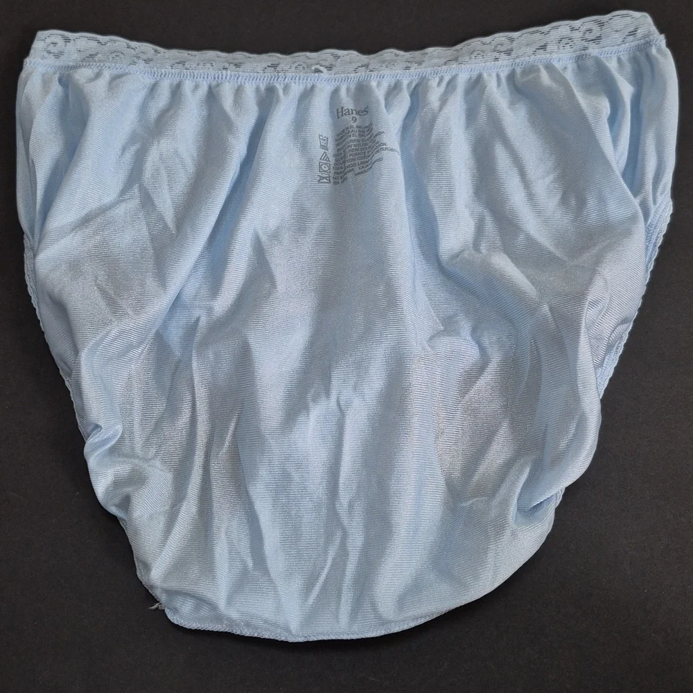 Vintage Hanes 15763 Satin Nylon Lace Granny Panties Hi Cut Briefs Blue sz 9 - Picture 5 of 7